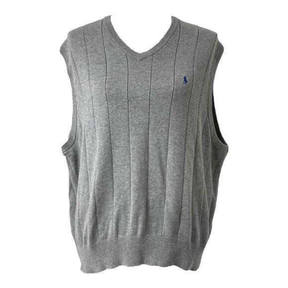 Men’s XL Knit Sweater Vest Polo Ralph Lauren Grey Ribbed Cotton V-Neck - Picture 1 of 8